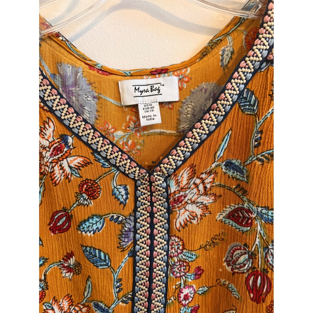 Myra Bag‎ Womens XL Floral Embroidered V-Neck High-Low Peplum Tank Top Mustard - Picture 4 of 6